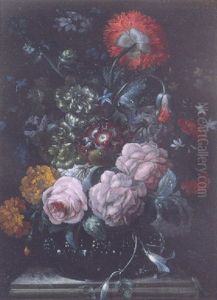 Roses, Asters, A Poppy, Convulvuli And Other Flowers In A Glass Vase On A Marble Ledge by Johann Baptist Halszel