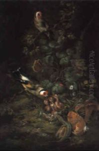 Goldfinches Feeding A Nest, With Lizards On A Forest Floor by Johann Baptist Halszel