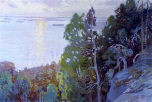 Aurinko Laskee Yli Jarven by Vaeinoe Haemaelaeinen