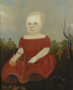 Portrait Of A Child In A Red Dress Holding A Toy Whip