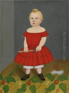 Portrait Of A Boy In A Red Dress Holding A Hammer With A Toy Cart On A Patterned Rug