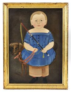 Portrait Of A Boy In A Blue Dress With His Dog