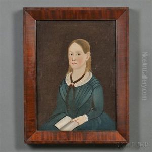 Portrait Of A Girl In Blue Dress Holding A Book by Sturtevant J. Hamblen