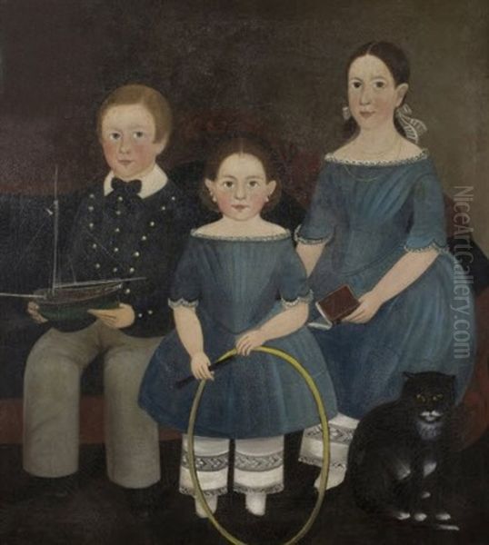 Portrait Of Three Brown Family Children With Boat, Hoop And Cat - view 1