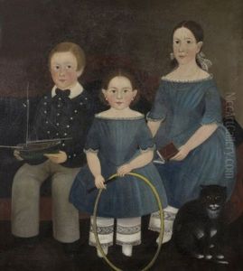 Portrait Of Three Brown Family Children With Boat, Hoop And Cat by Sturtevant J. Hamblen