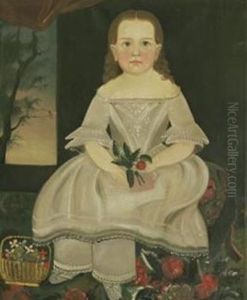 Rosy-cheeked Young Girl Wearing A Lace-trimmed White Dress And Pantaloons With A Basket Of Flowers Seated On A Stool On A Flowered Carpet: A Portrait Of Ellen