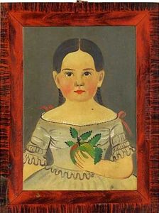 Portrait Of A Young Girl With Black Braids, Wearing A Gray Dress And Holding A Green Apple