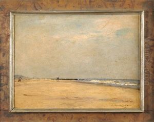 Strandlandschaft Mit Mowen Und Spaziergangern Im Hintergrund Strandlandschaft Mit Mowen Und Spaziergangern Im Hintergrund