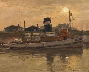 Fischkutter Im Abendlicht. Im Hintergrund Die Silhouette Einer Kleinen Stadt by Wilhelm Hambuechen