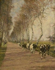Viehtrieb. Schwarz-bunte Kuhe Auf Einer Birkenallee In Sommerlicher Landschaft by Wilhelm Hambuechen