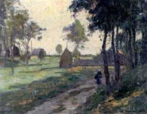 Sommerlandschaft Mit Gehoft, Garben Und Bauerin Sommerlandschaft Mit Gehoft, Garben Und Bauerin