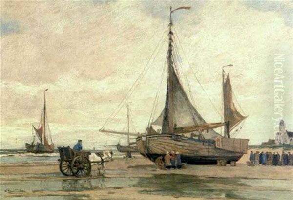 Strandszenerie Mit Segelbooten, Pferdefuhwerk Und Fischern Mit Ihren Vom Fang Gefullten Korben - view 1