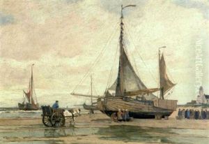 Strandszenerie Mit Segelbooten, Pferdefuhwerk Und Fischern Mit Ihren Vom Fang Gefullten Korben by Wilhelm Hambuechen