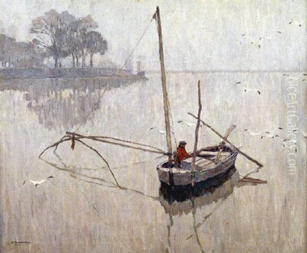 Harbor Scene Of A Man Sitting In A Small Sailboat Beneath Swooping Seagulls - view 1