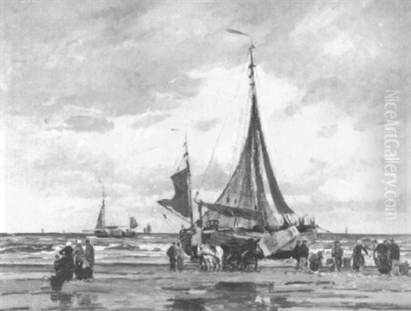 Strandszene Mit Anlegenden Schiffen Und Einem Pferdefuhrwerk - view 1