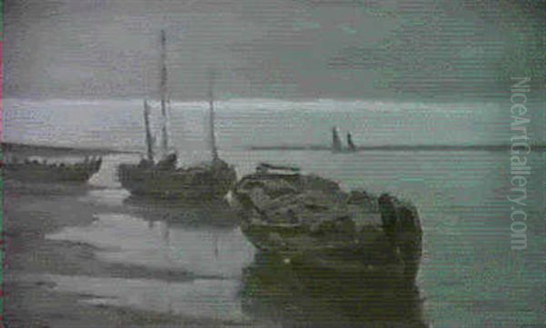 Fischerboot Und Zwei Abgetakelte Kahne Im Watt - view 1
