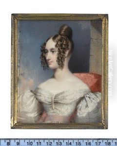 A Lady, Wearing White Dress With Blue Stripes, Puff Sleeves, Pink Sash And Lace Slip, Her Hair Upswept And Parted At The Front With Ringlets To The Side