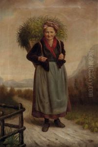 Bauerin Mit Buckelkorb In Einer Seelandschaft by Julius Hamburger