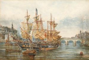 Ships At Anchor Before A Town And Bridge by W.T. Baldwin