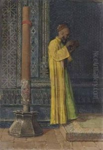 Interior Of A Mausoleum With A Figure Reading by Osman Hamdi Bey