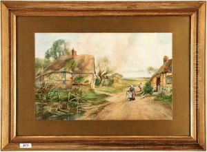 Cottages/figures Landscape In Distance