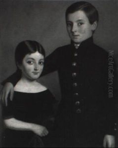Victorian Portrait Of A Brother And Sister In A Landscape by Theophile Hamel