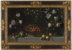 Basket Of Peas And Cherries With Vases Of Flowers by Juan Van Der Hamen Y Leon