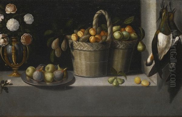 Still Life Of Roses In A Parcel Gilt Vase, Figs On A Pewter Dish And Two Baskets Of Peaches, Plums And Pears On A Stone Ledge With A Brace Of Lapwing by Juan Van Der Hamen Y Leon