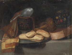 A Chocolate Service With A Wooden Box Of Packed Chocolate, Two Lacquered Gourd Drinking Bowls, A Wooden Milk Whisk, Napkins, A Spoon And Pastries On A Pewter Plate by Juan Van Der Hamen Y Leon