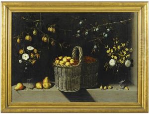 Still Life With A Basket Of Apricots And Cherries, Vases Of Flowers, And Hanging Branches Of Mirabelle And Sloe Plums by Juan Van Der Hamen Y Leon