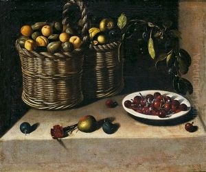 Bodegon Con Cesta De Fruta Y Plato Con Cerezas