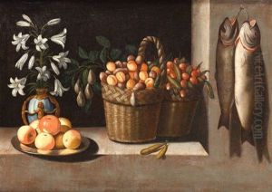 Bodegon: Jarron De Flores, Plato De Manzanas Y Cesta De Frutas En Una Ventana