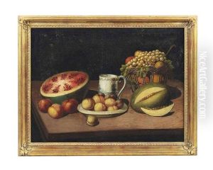 Watermelon, Peaches, Grapes And Other Fruits On A Table