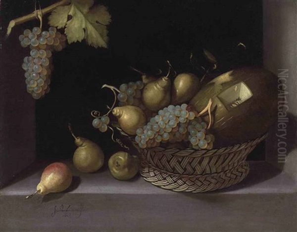 Grapes, Pears And A Melon In A Basket In A Stone Niche - view 1