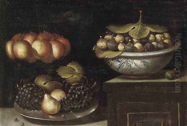 Figs In A Bowl, With Pears And Grapes On A Silver Plate, Peaches Hanging From A String - view 1