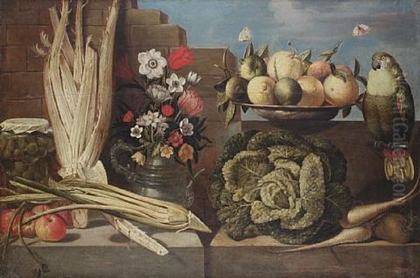 A Pewter Dish Of Lemons With A Vase Of Tulips, Anemones And Other Flowers With A Cabbage, Parsnips And Other Vegetables Before A Stone Wall - view 1