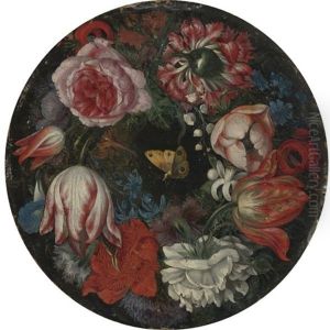 Wreath Of Roses, Carnations, Anemonies, Morning Glories, Hyacinths, Tulips, Lily Of The Valley, And A Butterfly