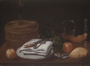 Grapes, Oranges, A Slice Of Melon, A Glass Vase And A Wine Flask On A Laid Table Top by Juan Van Der Hamen Y Leon