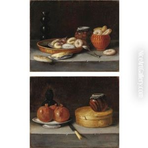 Natura Morta Con Biscotti, Frutta Sciroppata E Un Cucchiaio (+ Natura Morta Con Melograni, Scatola Di Dolci E Un Coltello; Pair)