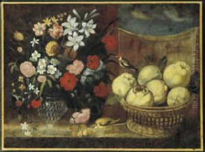 A Vase Of Flowers And A Basket Of Quinces With Two Birds On A Tabletop