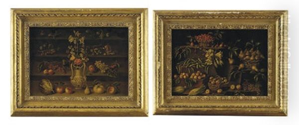 Baskets Of Apples, Pears, Cherries With Grapes, Peapods, Apricots, Plums And Lilies (+ Lilies And Other Flowers In An Urn With Figs, Cherries And Grapes; Pair) - view 1