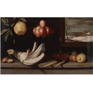 Still Life With Cardoon, Decanter Of Wine, Apples And Other Fruit, A Winter Landscape Beyond by Juan Van Der Hamen Y Leon