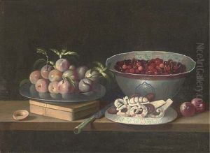 Peaches On A Pewter Plate, Cherries In A Porcelain Bowl With A Dish Of Sweets, A Knife And A Box On A Wooden Ledge