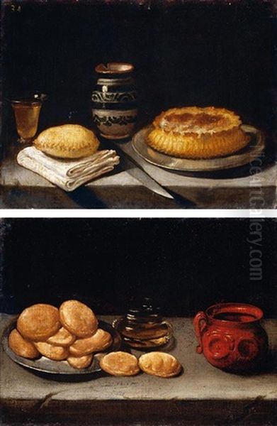 Still Life Of Bread On A Pewter Dish, With A Glass And An Earthenware Pot, Arranged Upon A Stone Ledge (+ Still Life Of A Pie, A Glass Of Wine, A Vase, A Knife And Bread On A Stone Ledge; Pair) - view 1