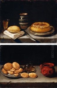 Still Life Of Bread On A Pewter Dish, With A Glass And An Earthenware Pot, Arranged Upon A Stone Ledge (+ Still Life Of A Pie, A Glass Of Wine, A Vase, A Knife And Bread On A Stone Ledge; Pair)