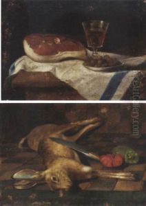 A Piece Of Meat, A Glass Of Wine And A Plate Of Olives On A Party Draped Table by Juan Van Der Hamen Y Leon