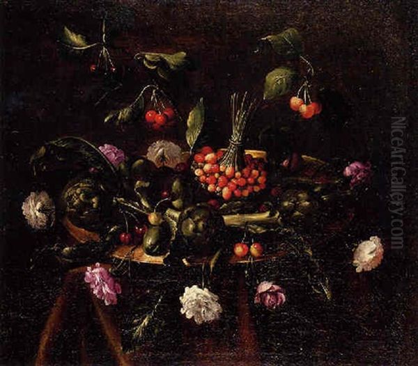 Nature Morte Aux Artichauts, Fraises, Cerises Et Roses Sur Un Entablement - view 1