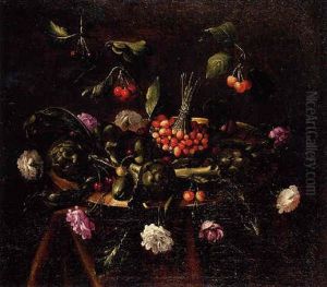 Nature Morte Aux Artichauts, Fraises, Cerises Et Roses Sur Un Entablement