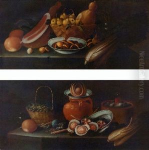 A Basket Of Pears With A Ham, Celery, A Glass And A Dish Of Nuts On A Ledger