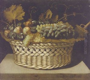 Figs And Grapes In A Basket On A Stone Plinth